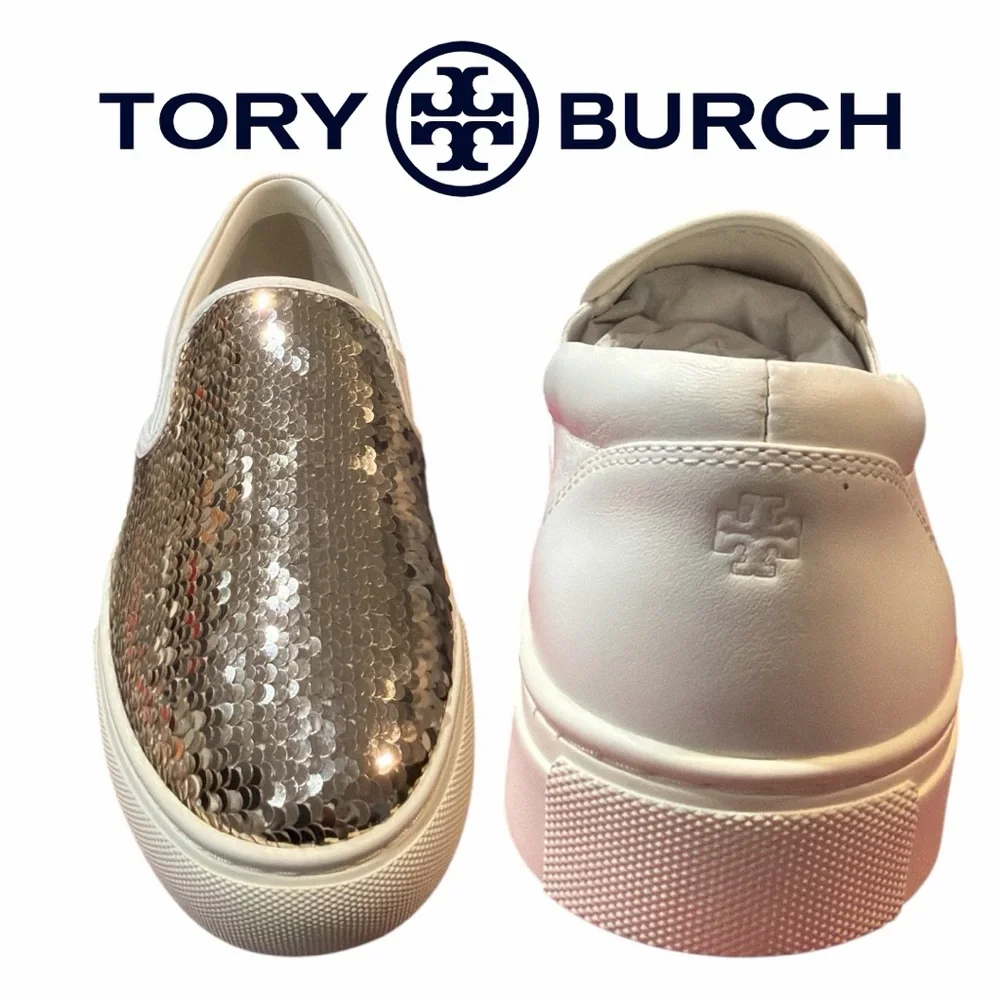 Tory‎ Burch Gold Sequin Women’s Slip-On  Reversible Sequin Sneakers - Size 8